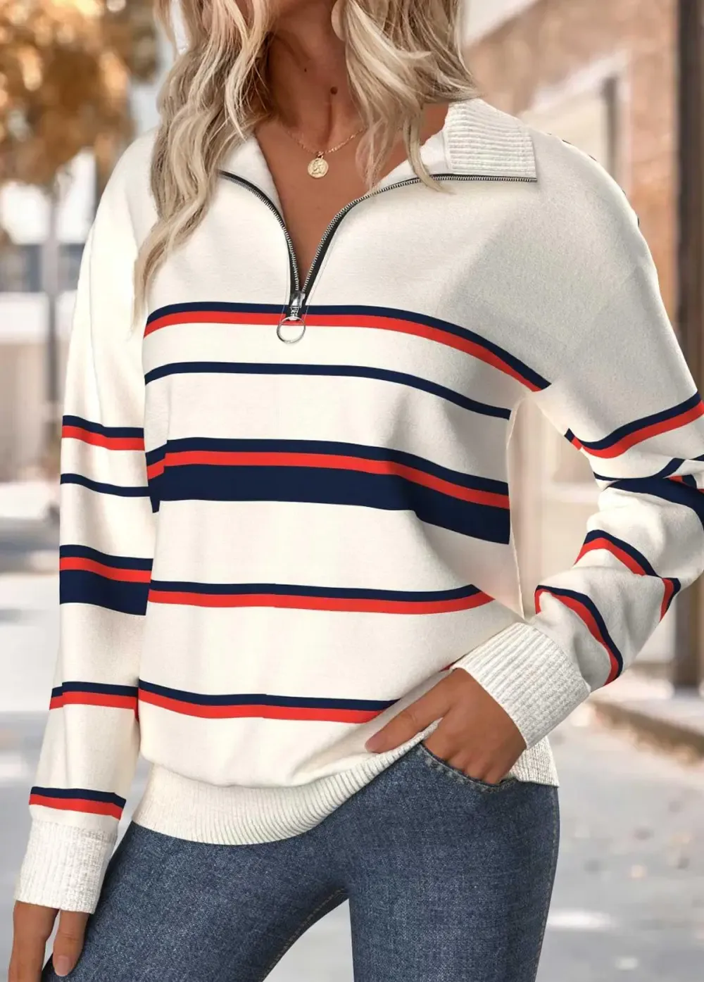 Beige Tummy Coverage Striped Long Sleeve Sweatshirt