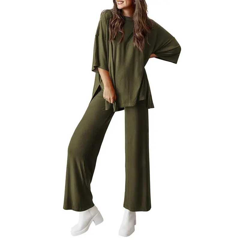 Women's 2-Piece Lounge Set – Short Sleeve Top & Split Hem Wide Leg Pants