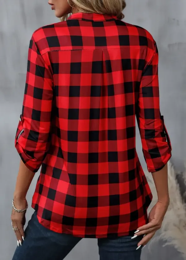 Red Zipper Plaid Long Sleeve High Neck Blouse