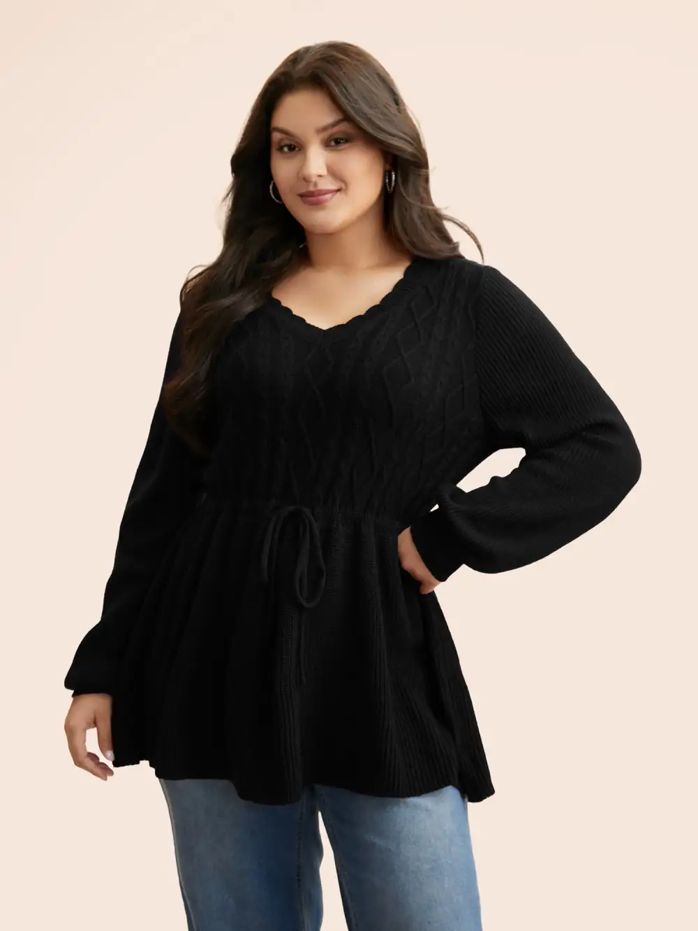 V Neck Cable Knit Drawstring Pullover