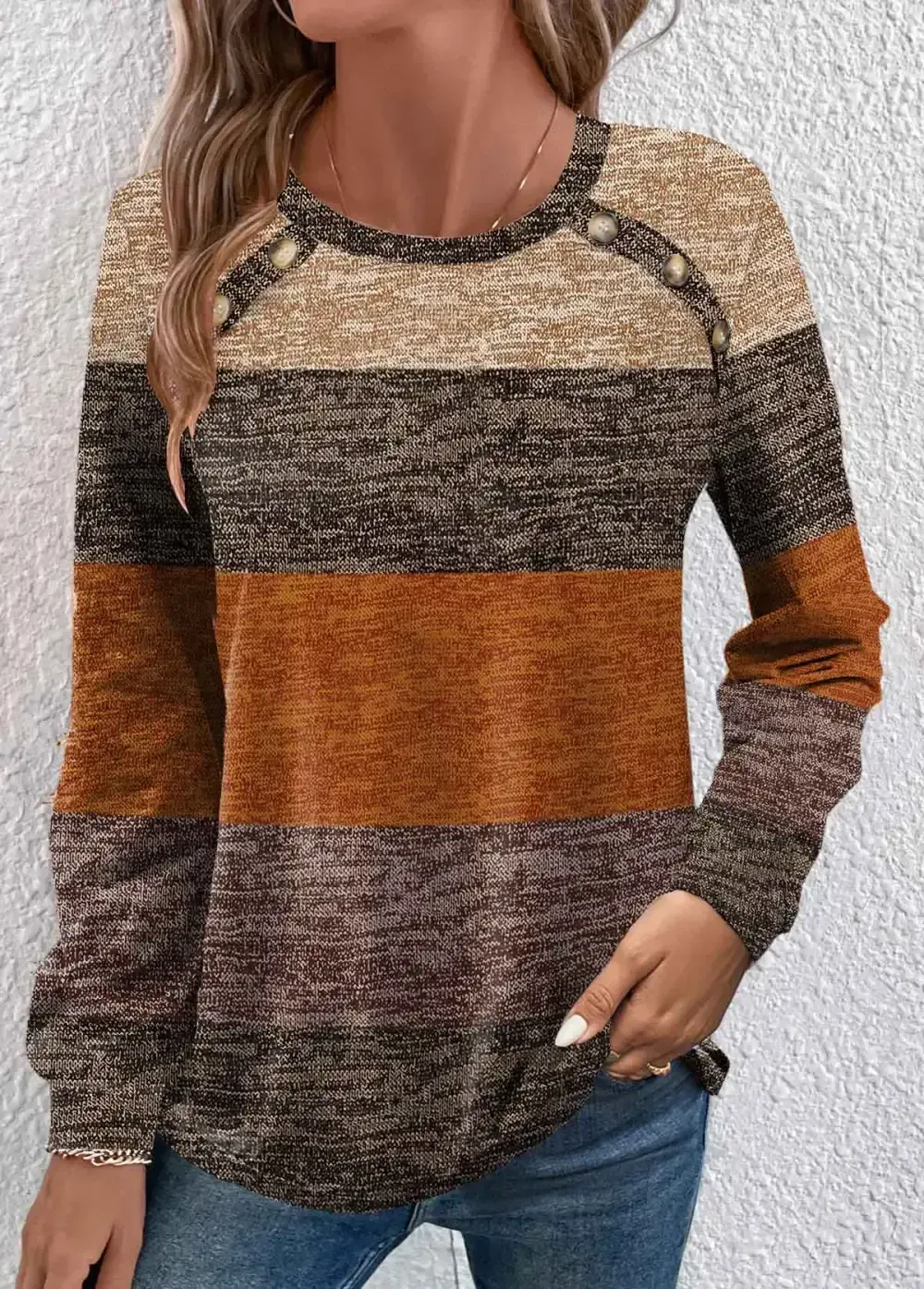 Dark Camel Button Striped Long Sleeve T Shirt