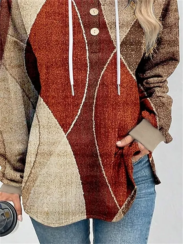 Women's Hoodie Sweatshirt Pullover Basic Button Drawstring Yellow Red Blue Color Block Casual Sports Hoodie Long Sleeve Top Micro-elastic Fall & Winter