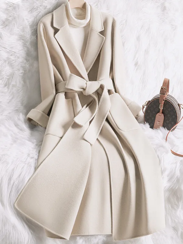 Solid One Button Lapel Faux Woolen Coat