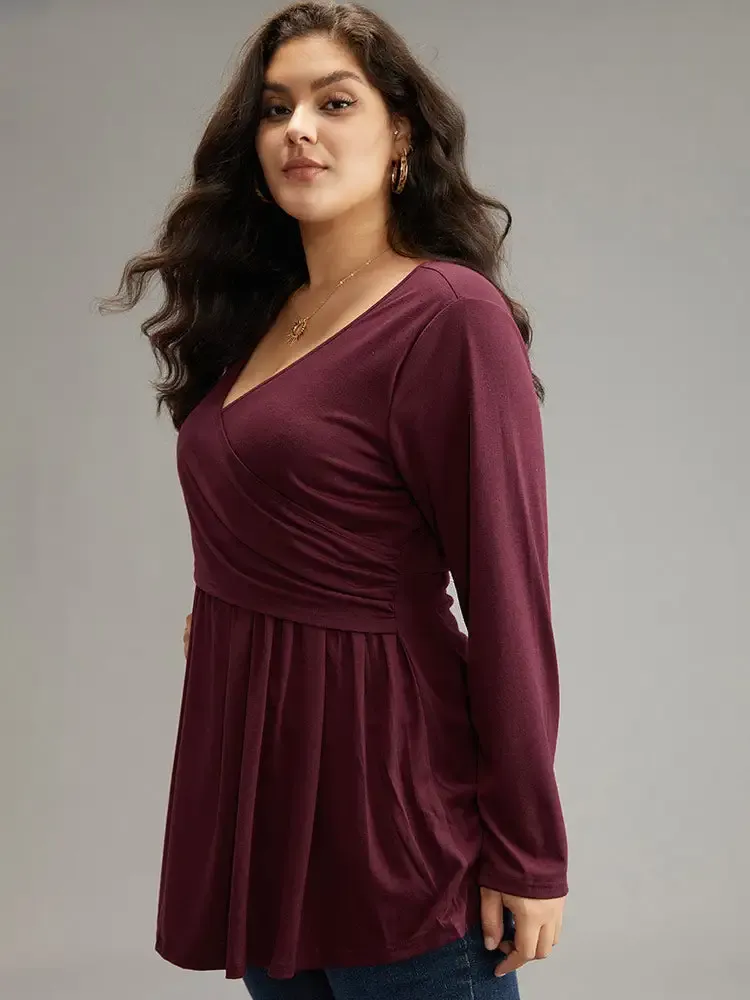 Solid Crossover V Neck Ruffle Hem T-Shirt