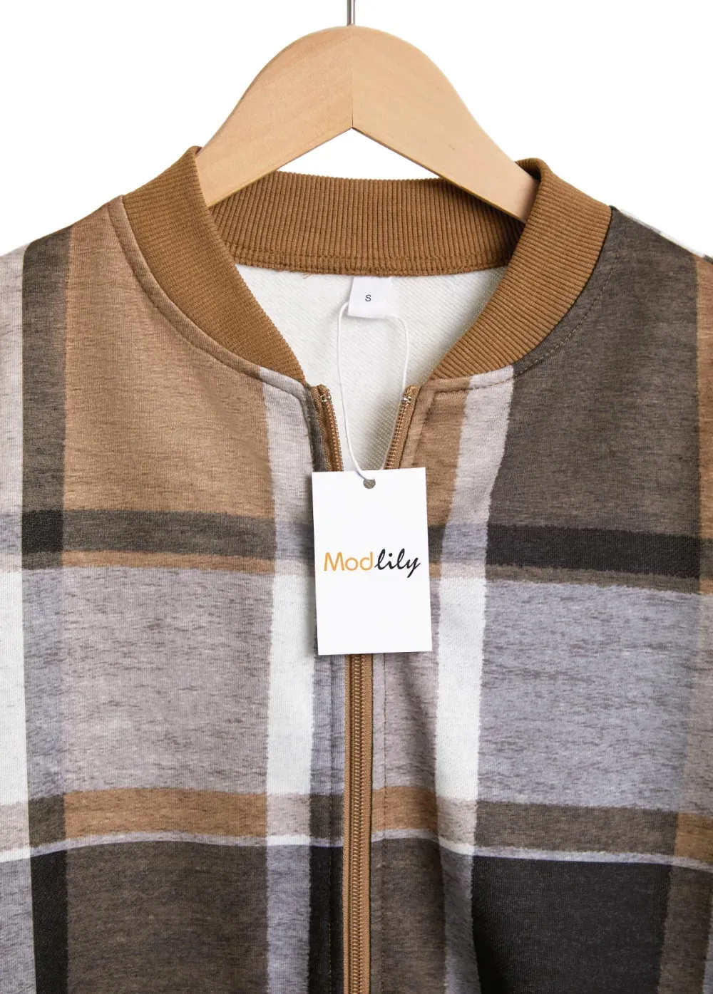 Dark Coffee Zipper Plaid Long Sleeve Stand Collar Jacket