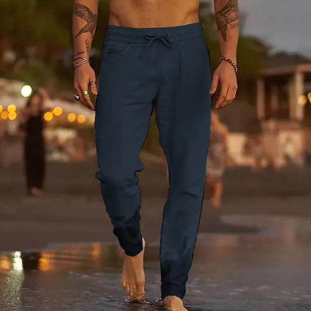 Men's Linen Pants Trousers Summer Pants Beach Pants Pocket Drawstring Elastic Waist Plain Comfort Soft Daily Weekend Linen / Cotton Blend Streetwear Casual Dark Khaki Light Khaki Micro-elastic