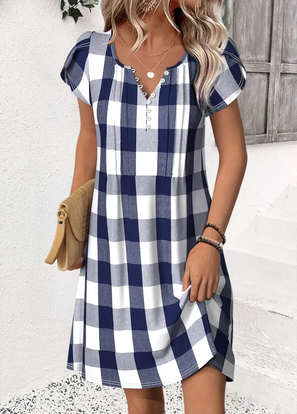 Blue Plaid Short Split Neck Dress
