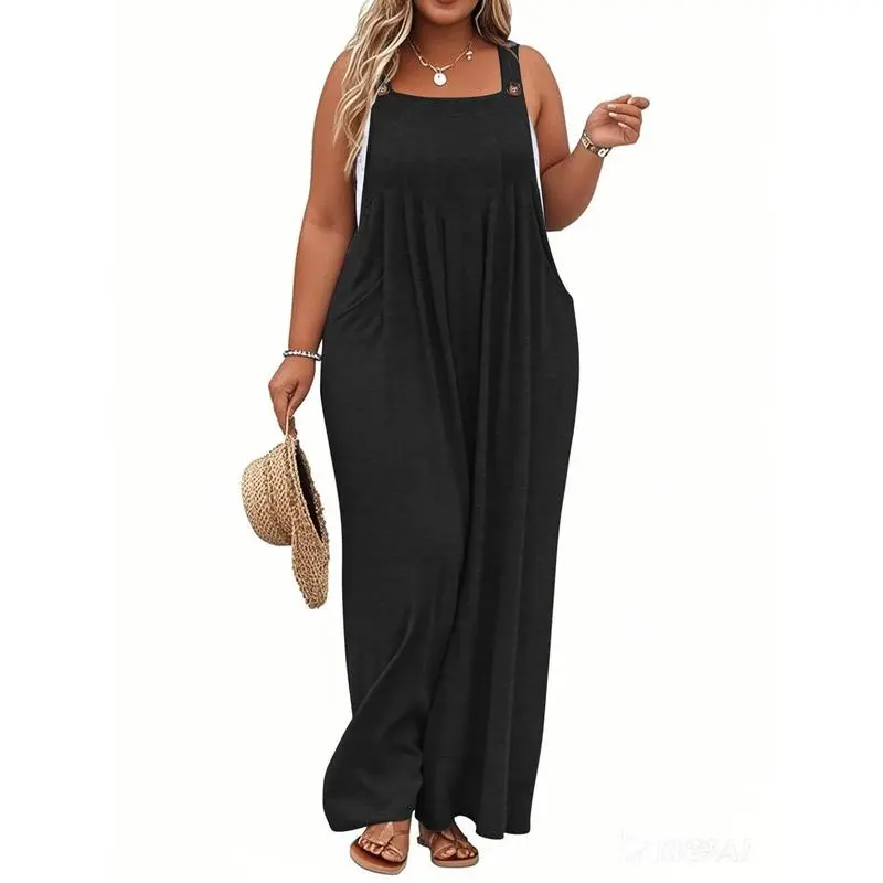 Plus Size Wide-Leg Jumpsuit with Pockets – Adjustable & Casual Fit for Summer