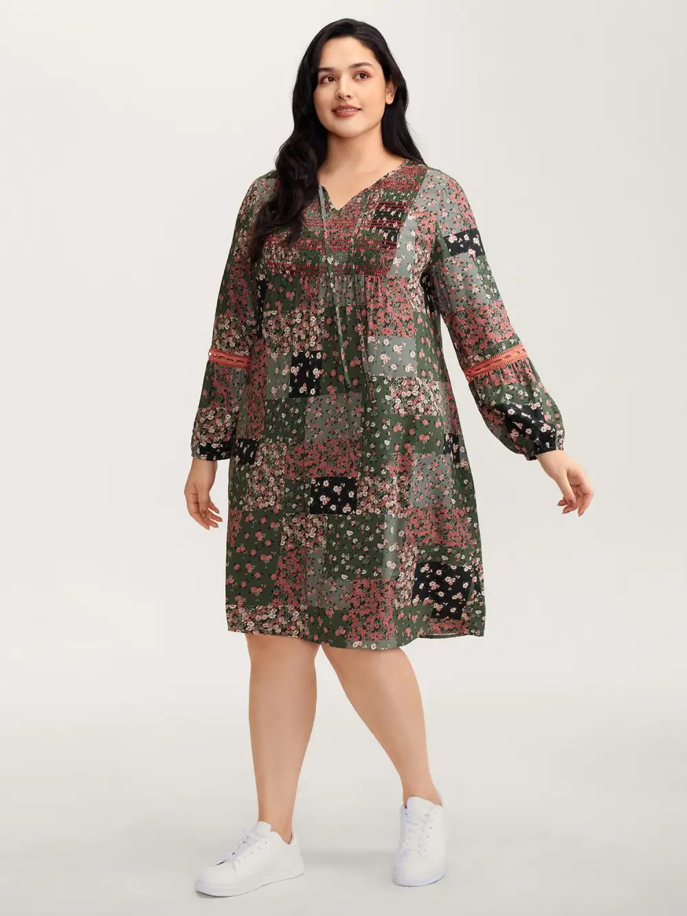 Floral Patchwork Shirred Pockets Midi Dress