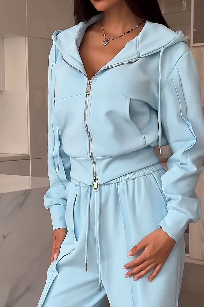 Women's Solid Color Laundry Zipper Jacket & Pants Two Piece Set