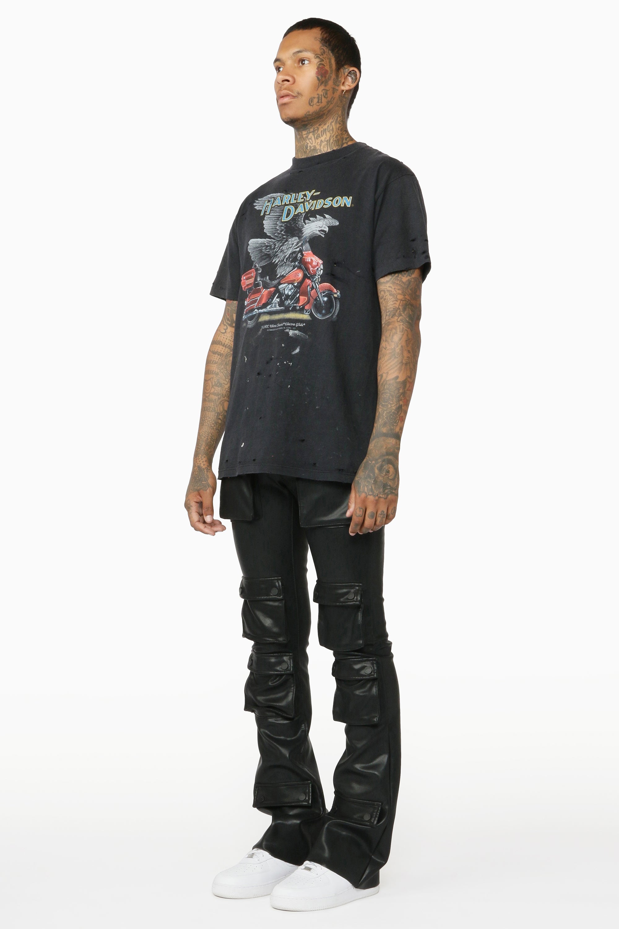 Remi Black Faux Leather Stacked Flare Jean