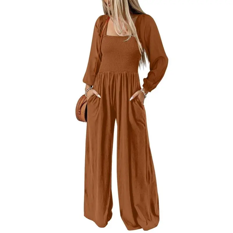 Women's Casual Loose Long Sleeve Wide Leg Jumpsuit with Pockets