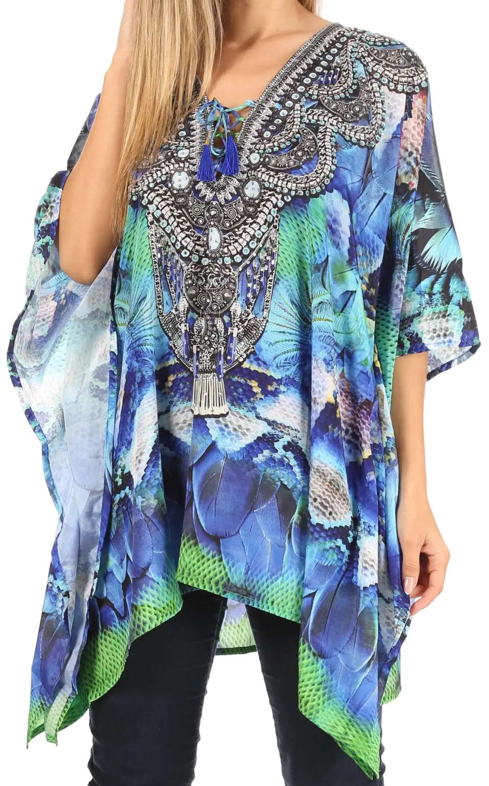 Women's Caftan Poncho Cover up V neck Top Lace up With Rhinestone