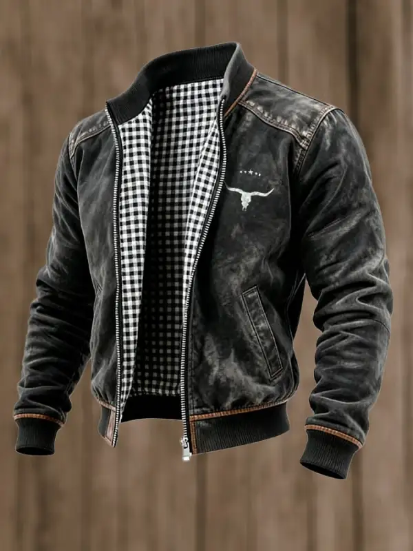 Men's Vintage Suede and Plaid Lining Multi-Pocket Outdoor Jacket