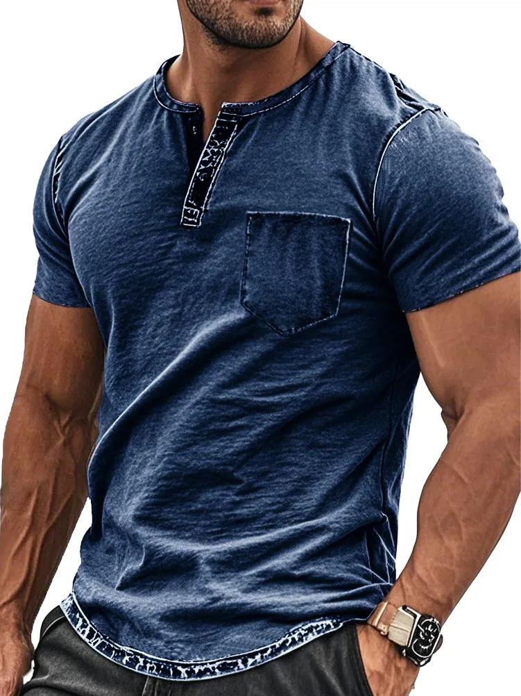 Men's Fashion Retro Distressed Pocket Short-sleeved Henley Shirt