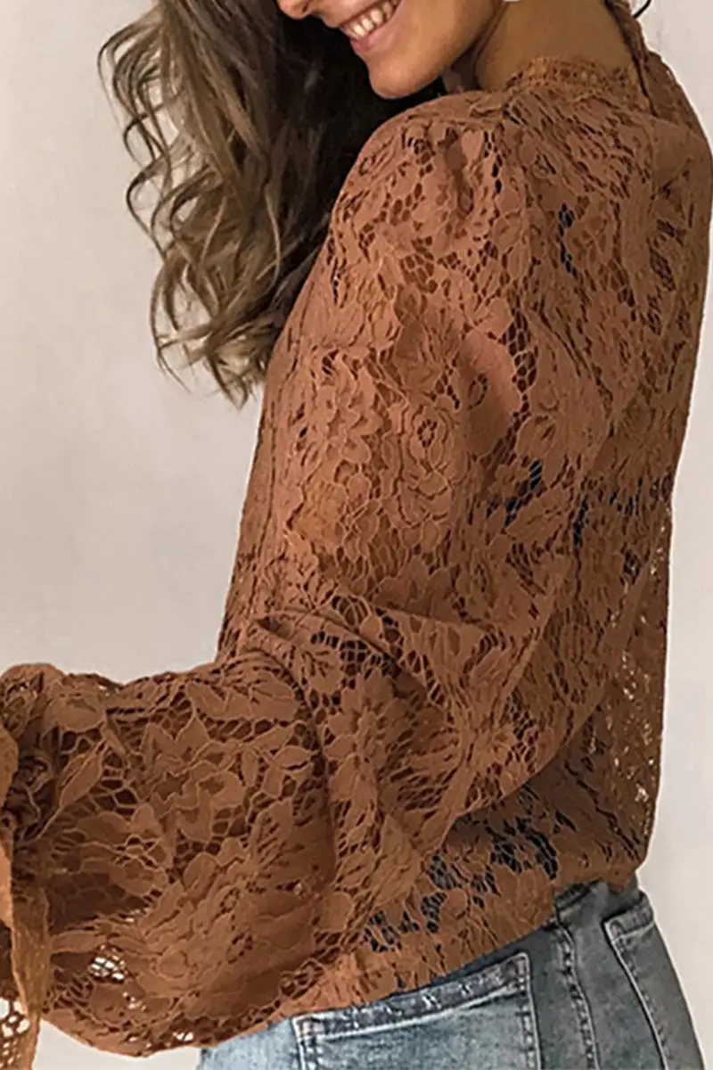 Florcoo Long Sleeve Openwork Lace Blouse(5 Colors)