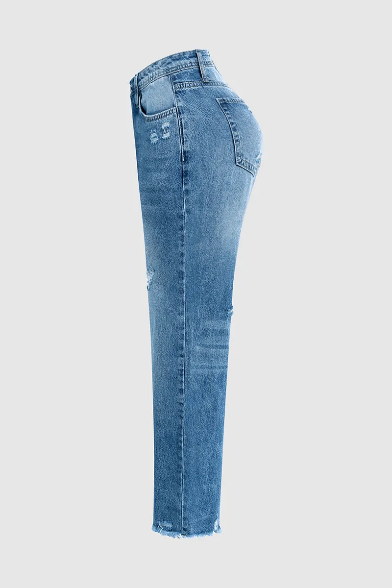 Ripped Raw Hem Zip Fly Jeans