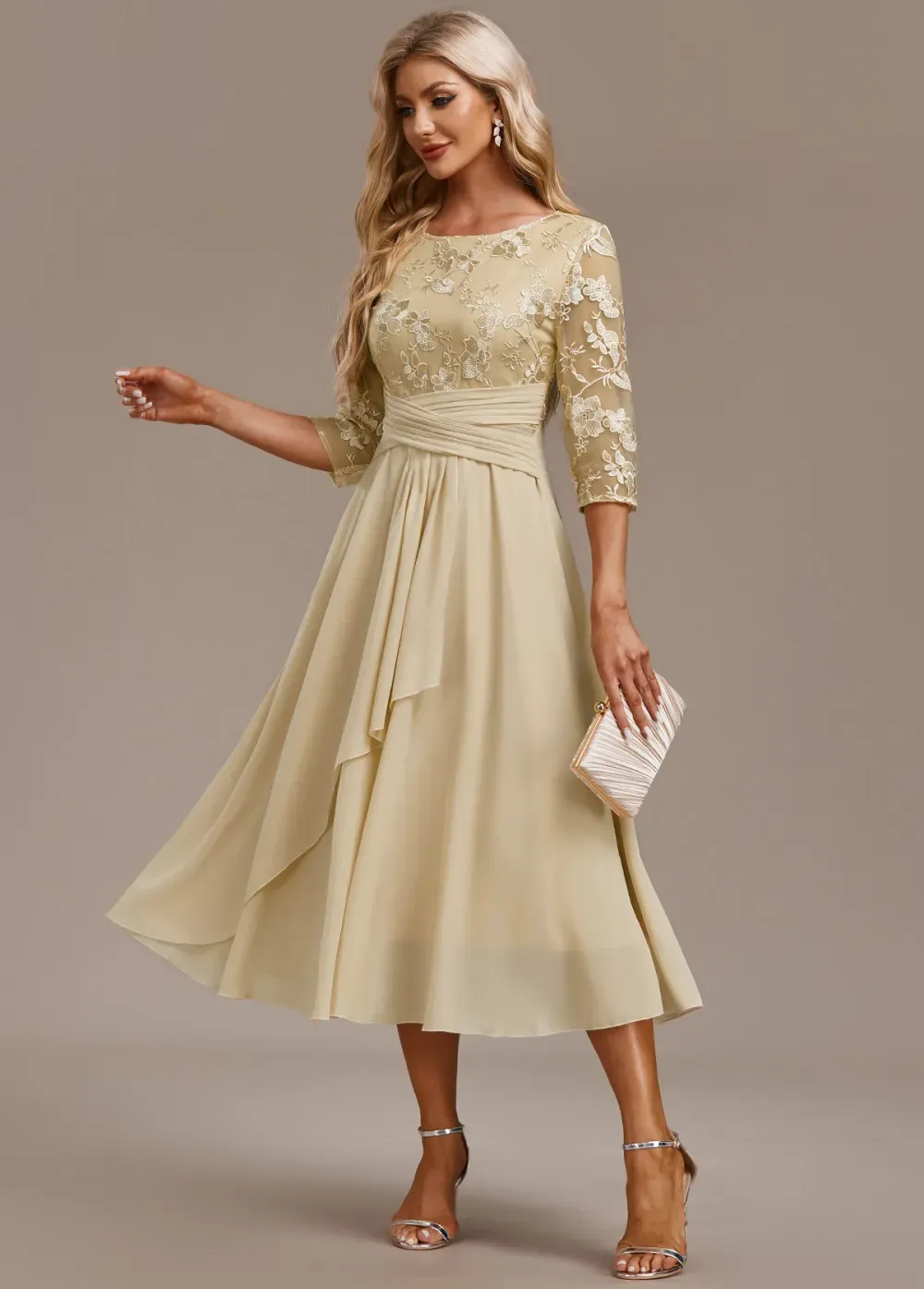 Champagne Embroidery 3/4 Sleeve Round Neck Dress