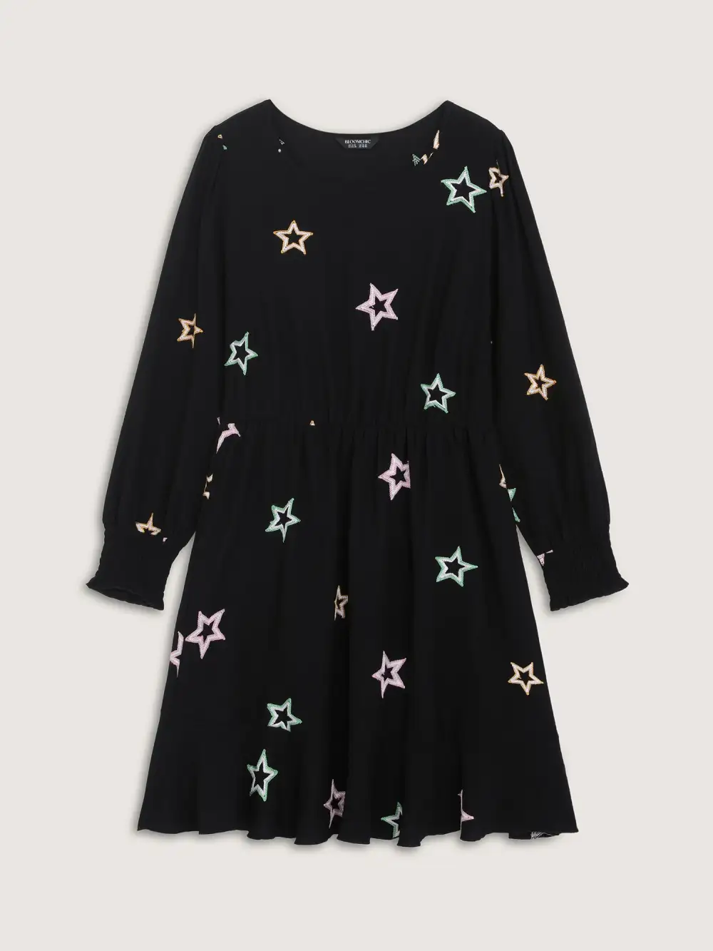 Star Embroidery Shirred Cuffs Pockets Knee-Length Dress