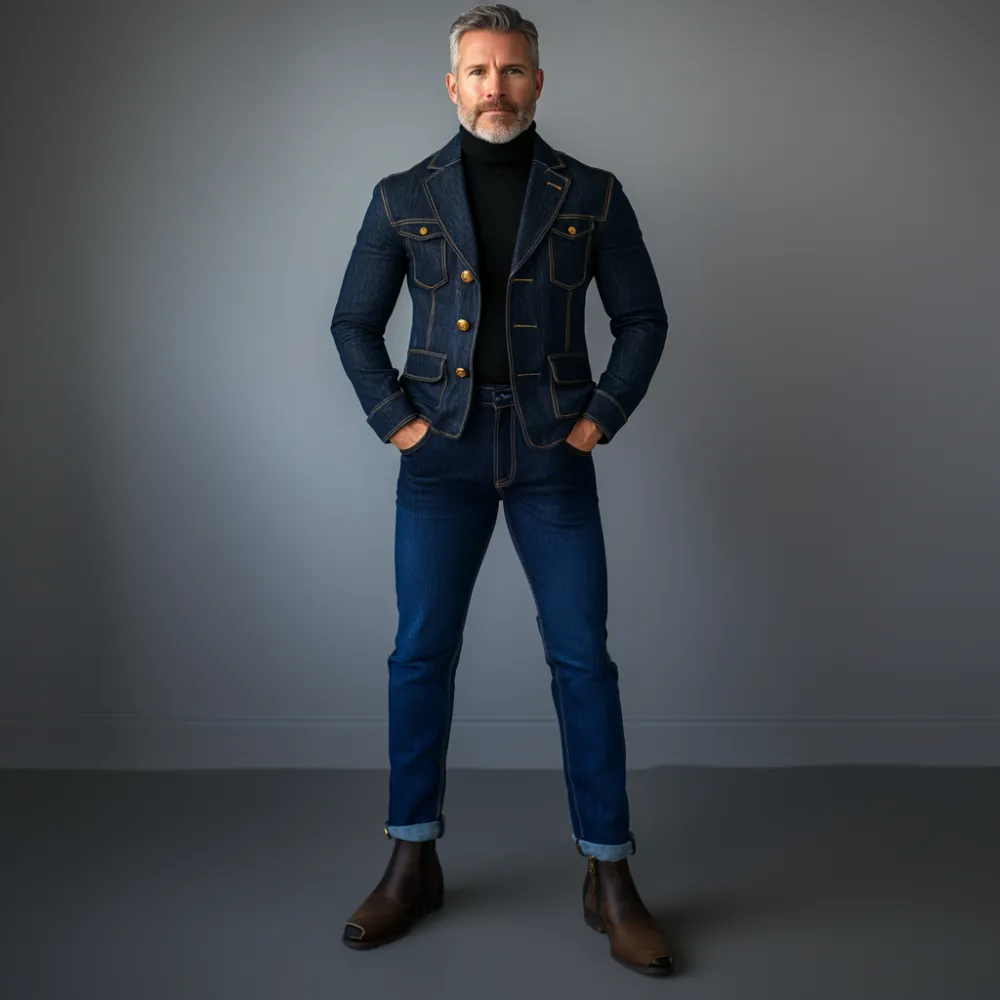 Men's Daily Denim Top Stitch Notched Lapel Three Button Jacket