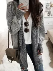 Women's Cozy Plaid Open Front Cardigan – Chic Two-Tone Knit Sweater with Long Sleeves, Casual Design for Fall/Winter
