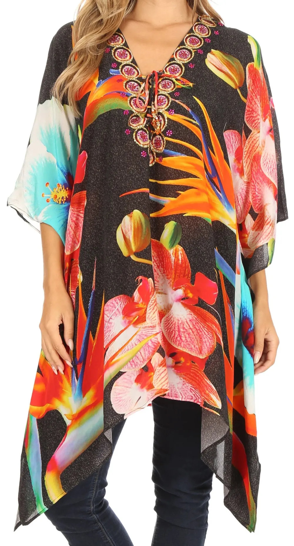 Women's Caftan Poncho Cover up V neck Top Lace up With Rhinestone