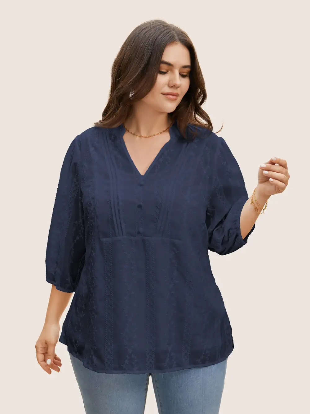 Texture Mesh Button Detail Tucked Seam Blouse