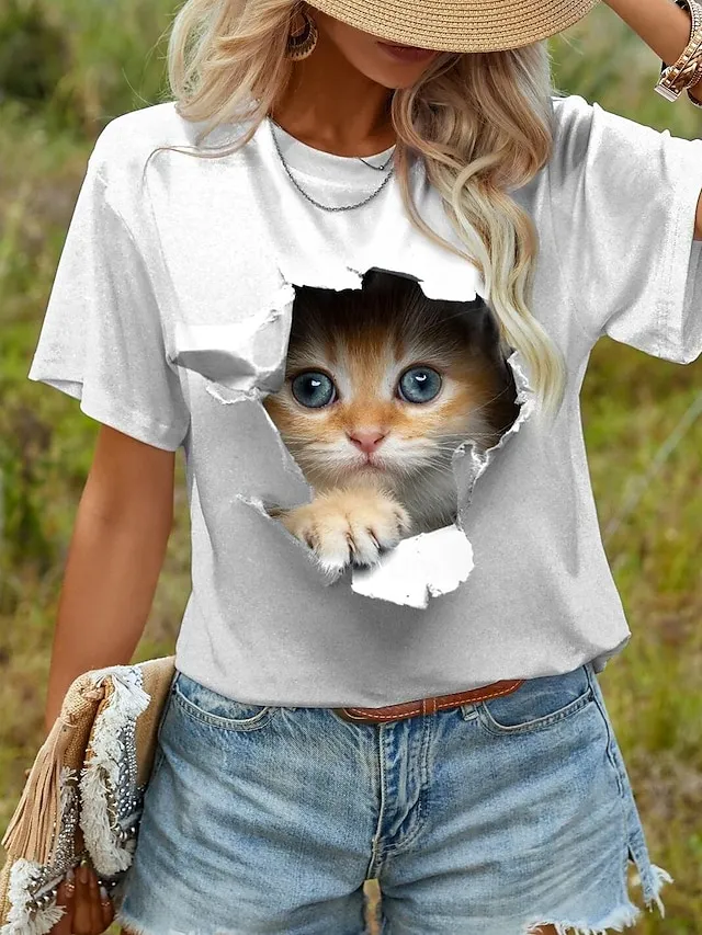 Women's T shirt Tee 3D cat Animal Print Daily Weekend Fashion Short Sleeve Round Neck White Summer