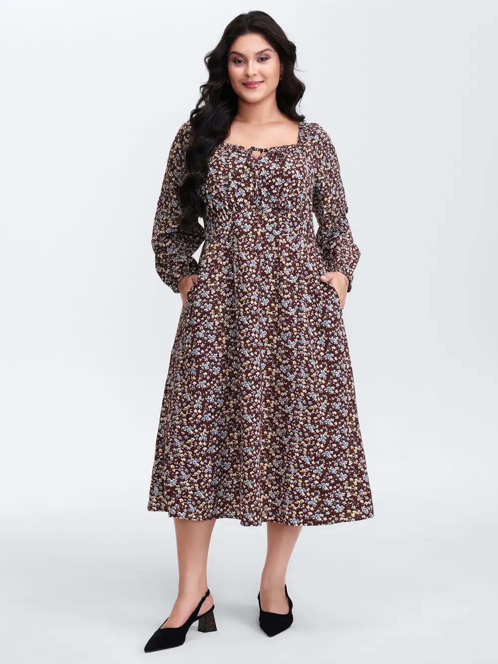 Floral Print Pockets Neckline Tie Maxi Dress