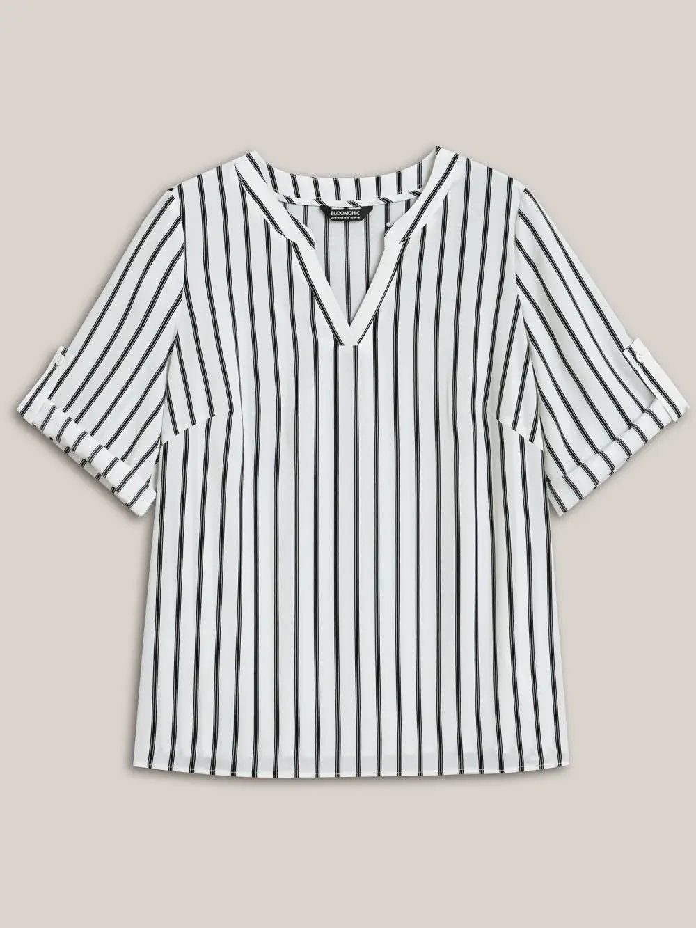 Notched Collar Striped Tab Sleeve Shirt