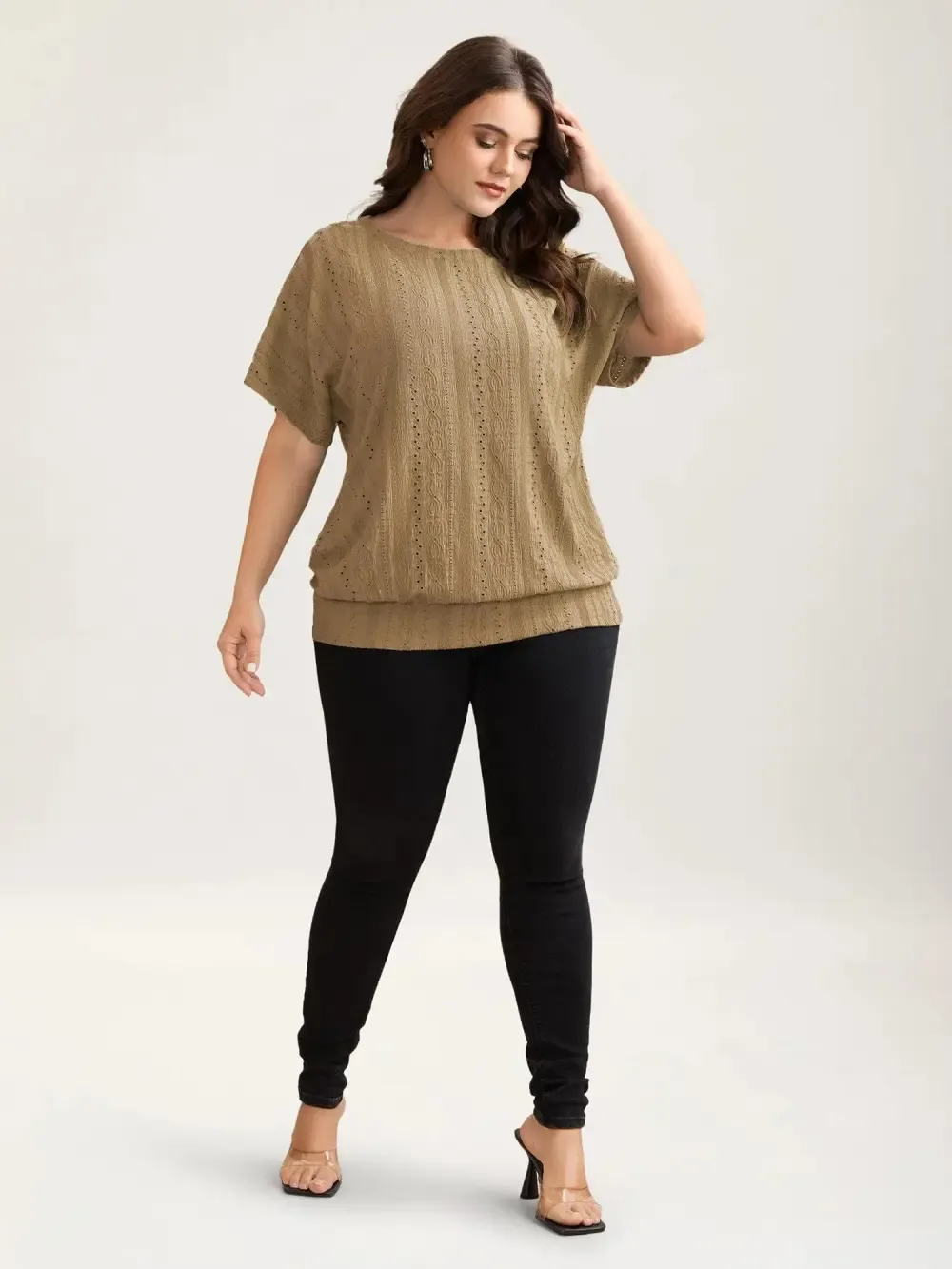 Eyelet Trim Stretchy Textured Plain Top