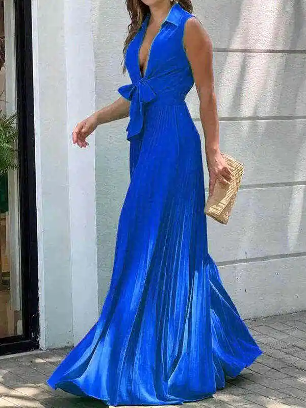 Simple Long Sleeves Lace-Up Pleated Solid Color Deep V-Neck Jumpsuits