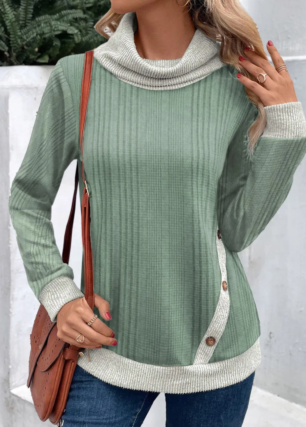 Sage Green Patchwork Long Sleeve Cowl Neck Sweatshirt