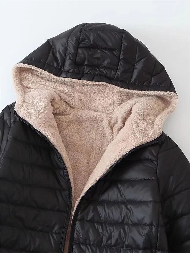 Women's Parka Quilted Coat Fleece Lined Sherpa Jacket Fall Long Coat Winter Puffer Jacket Windproof Warm Heated Coat Stylish Casual Jacket Long Sleeve Plain Full Zip Black