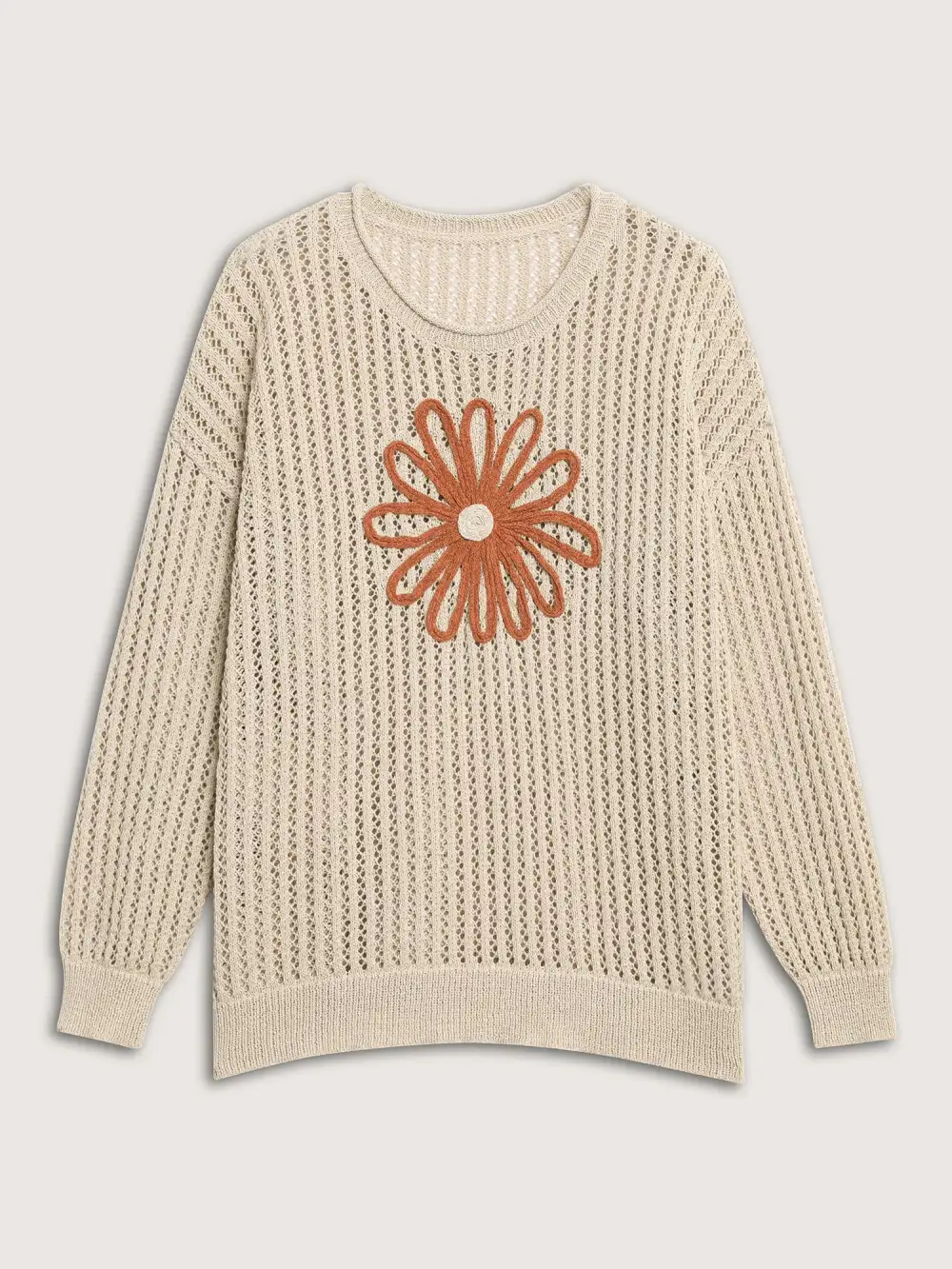 Floral Motif Cut-Out Textured Pullover