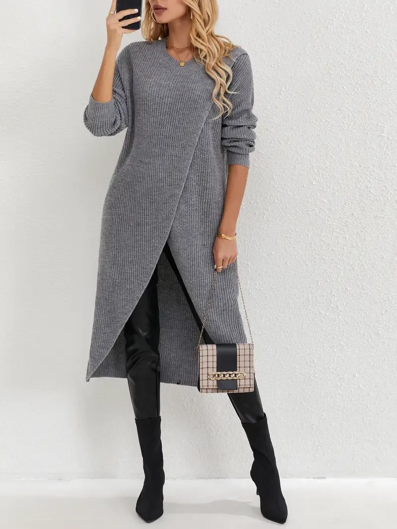 Long Sleeve Solid Knitted Crew Neck Casual Asymmetrical Hem Dress