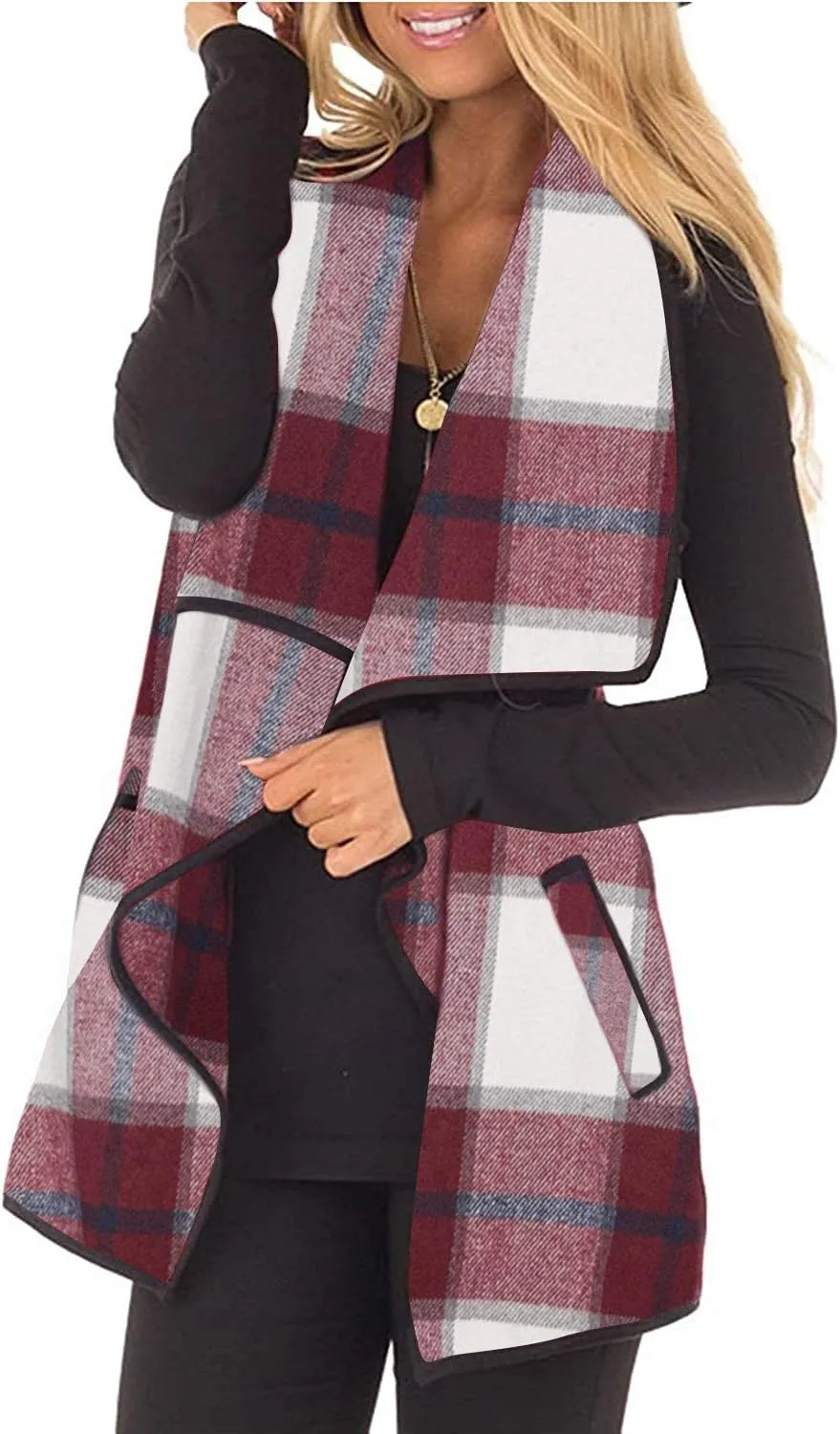 Womens Buffalo Plaid Vest Casual Lapel Open Front Sleeveless Cardigan Jacket Coat with Pockets