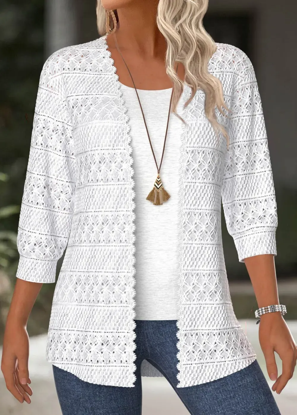 White 3/4 Sleeve Texture Light Cardigan