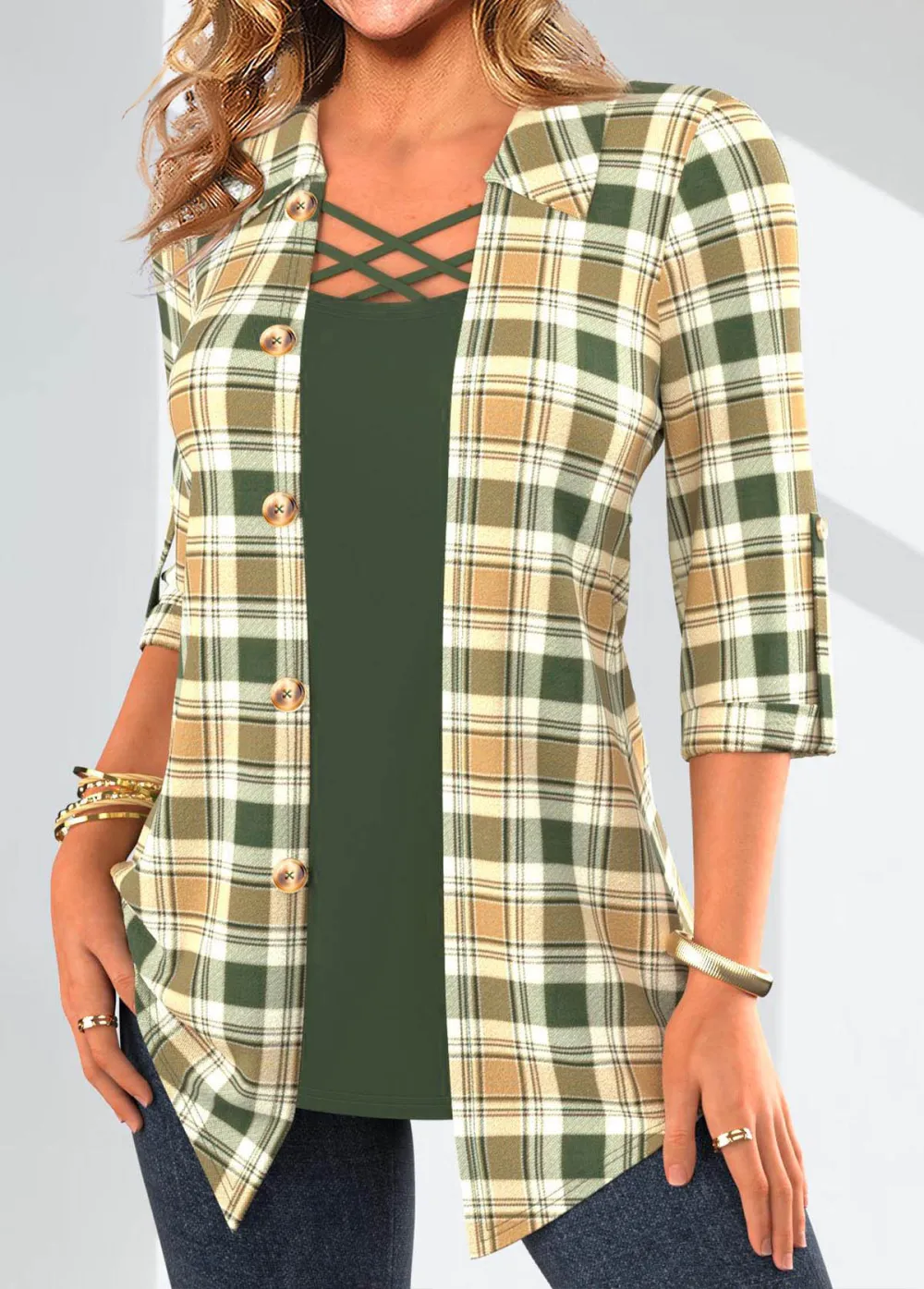 Sage Green Fake 2in1 Plaid Blouse