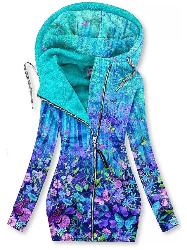 Women's Zip Hoodie Sweatshirt Sports Basic Neon & Bright Drawstring Zip Up Front Pocket Black White Blue Graphic Floral Cat Street Casual Hoodie Long Sleeve Top Micro-elastic Fall & Winter