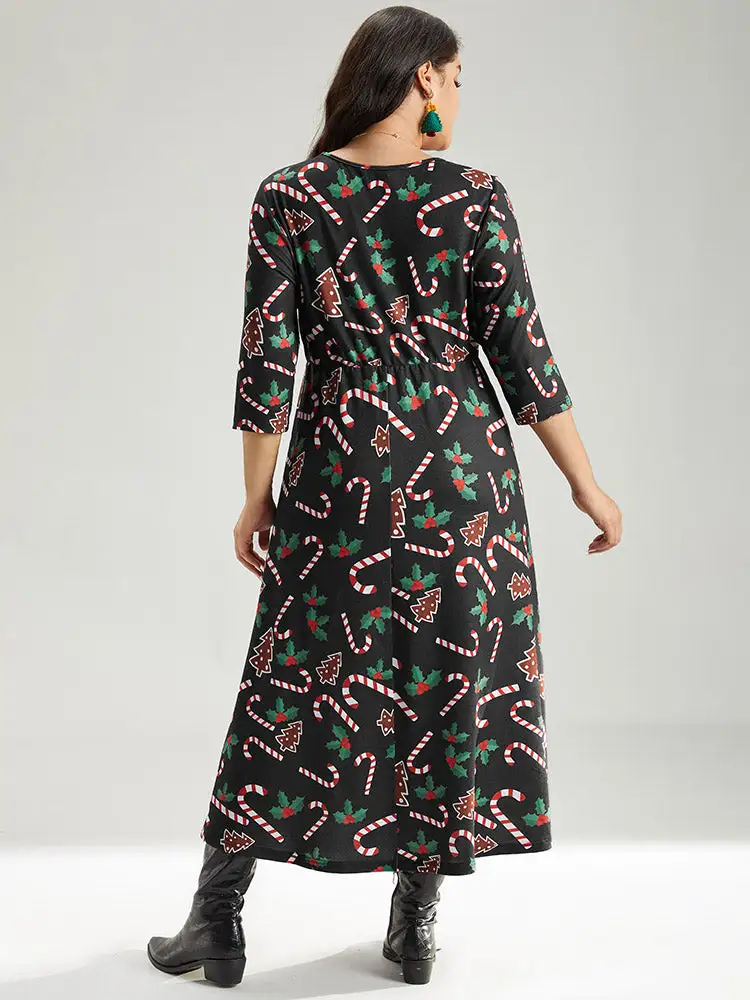 Christmas Print Pocket Elastic Waist Dress