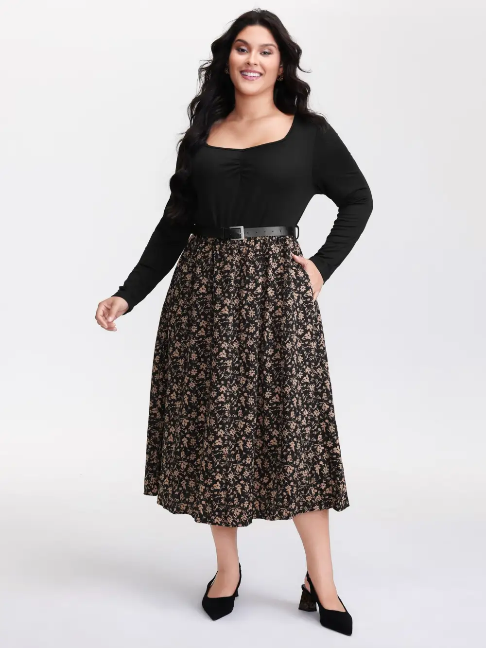 Floral Ruched Detachable Belt Maxi Dress