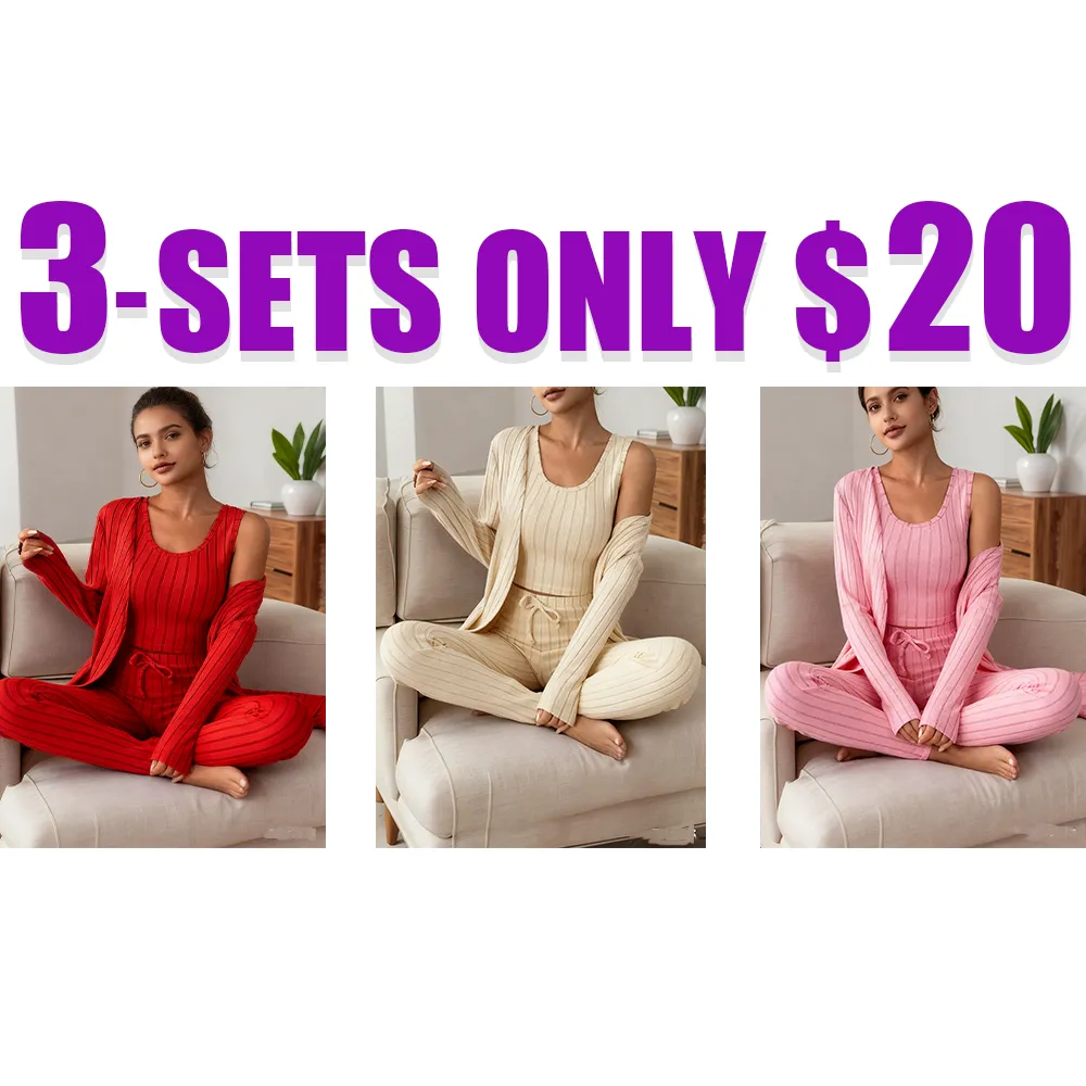 Women’s Ribbed Loungewear Set – 3-Piece Casual Sleepwear