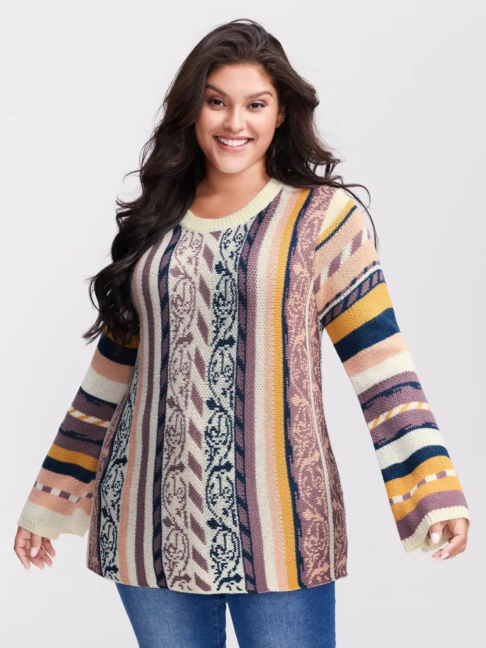 Boho Stripe Flared Sleeve Stretchy Pullover