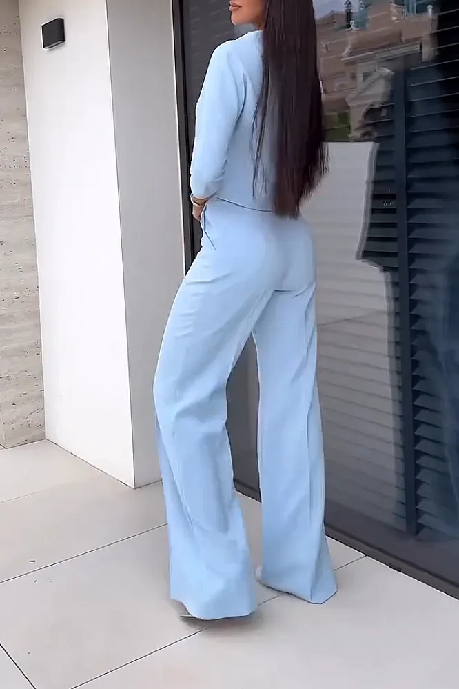 Women's solid color casual top and wide leg pants two-piece set