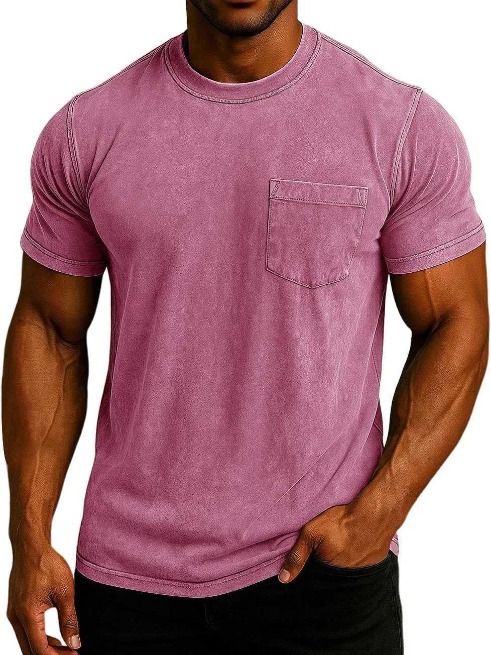 Men's Fashion Washed And Distressed Cotton Retro Pocket Casual T-shirt