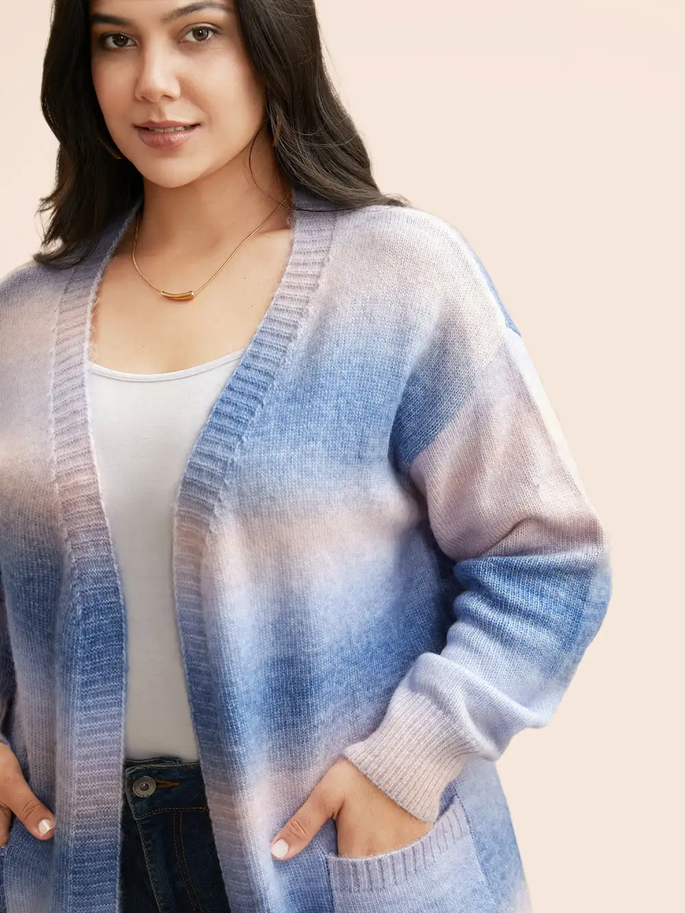Ombre Kimono Collar Patched Pocket Cardigan