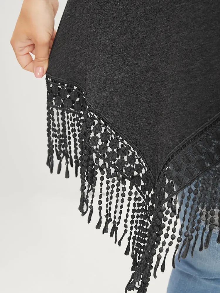 Solid Round Neck Lace Fringe Hem T-shirt