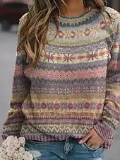 Women's Sweater Fair Isle Sweater Pullover Casual Soft Floral Ribbed Crew Neck Knitted Print Long Sleeve Regular Tops Knit Outdoor Daily Holiday Red Blue Fall Winter
