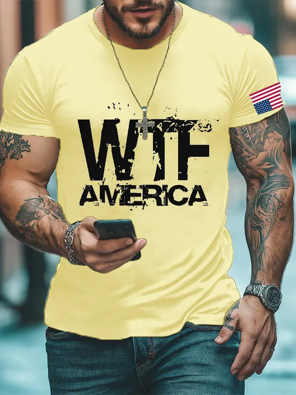 Men'S Retro America WTF Print Casual Round Neck T-Shirt